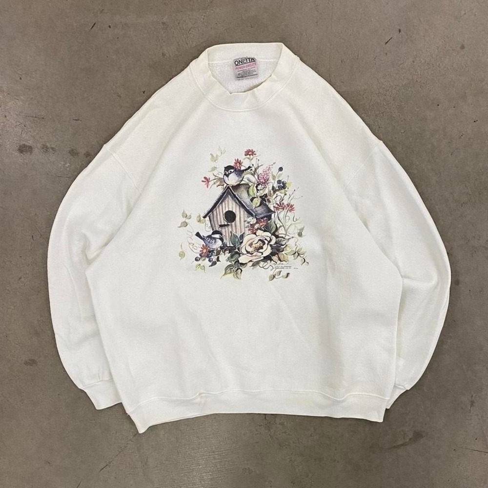 Vintage Oneita Floral Flowers Bird Birdhouse‎ 90s Crewneck Size XL